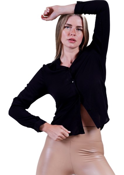 Siyah Basic Sade Viskon Kadın Slim Fit Düz Gömlek fiyatları