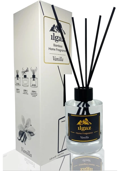 Home Fragrance Vanilya Oda Kokusu Dekoratif Şişe Oda Parfümü 120  ml Bambu Çubuklu Vanilla Ev Parfümü