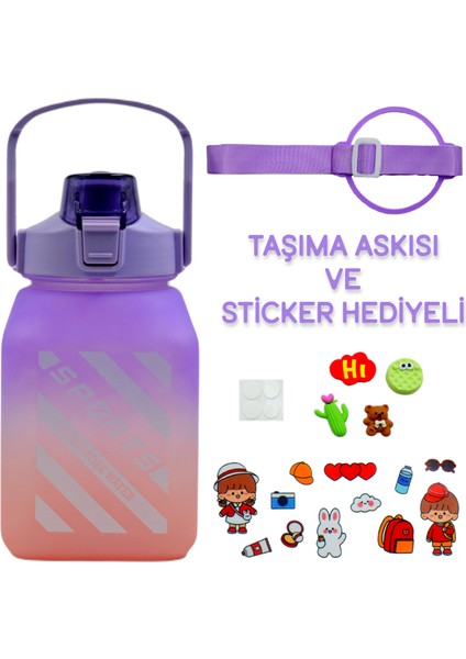 Bottleboss Kare Spor Model Taşıma Askılı Pipetli Motivasyon Matarası 1,5 Litre Sticker Hediyeli