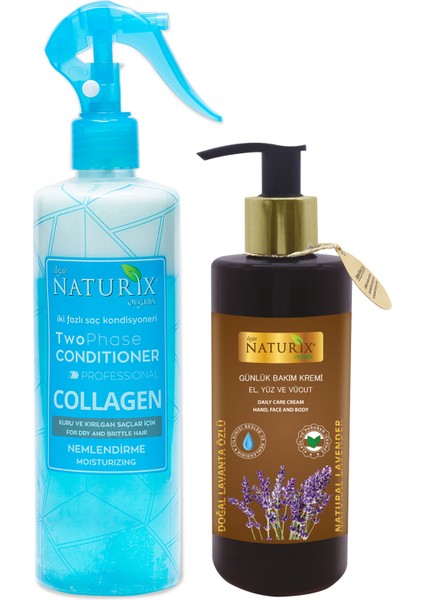 Collagen Fön Suyu İki Fazlı Sıvı Saç Kremi 400 ml + Lavanta Özlü 250 ml El - Yüz - Vücut Bakım Kremi