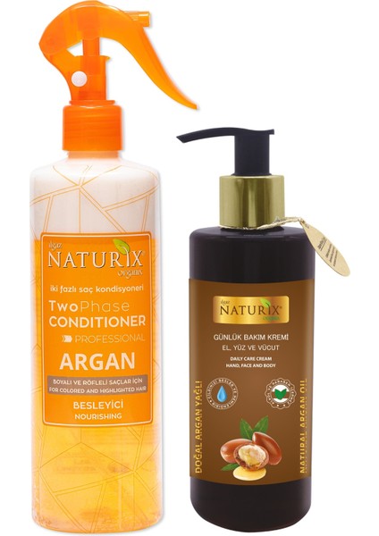 Bakımsız Saçlara Argan Yağlı İki Fazlı Sıvı Saç Kremi 400 ml + Argan El Yüz Vücut Losyonu 250 ml