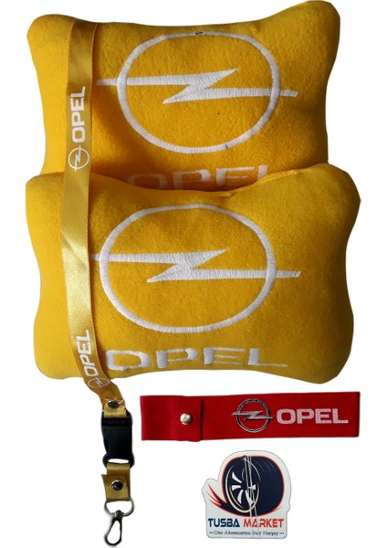 Opel Uyumlu Nakışlı Sarı Polar Ortopedik Seyahat Boyun Yastık / Oto Ayna Askısı & Tampon Çeki Ipi