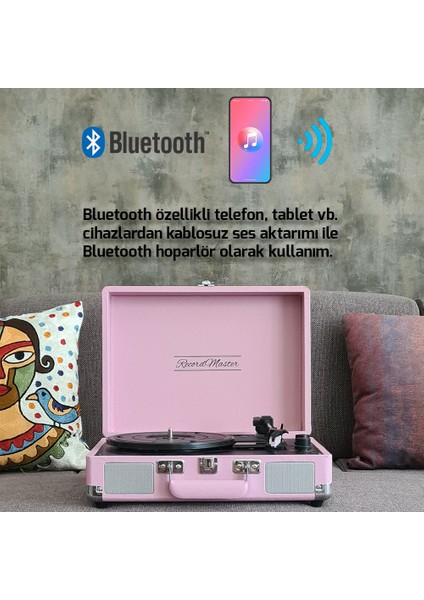 Record Master ST14012 Retro Pikap - Pembe - Bluetooth ve Şarj Özellikli - Tüm Plakları Çalabilme