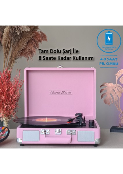 Record Master ST14012 Retro Pikap - Pembe - Bluetooth ve Şarj Özellikli - Tüm Plakları Çalabilme