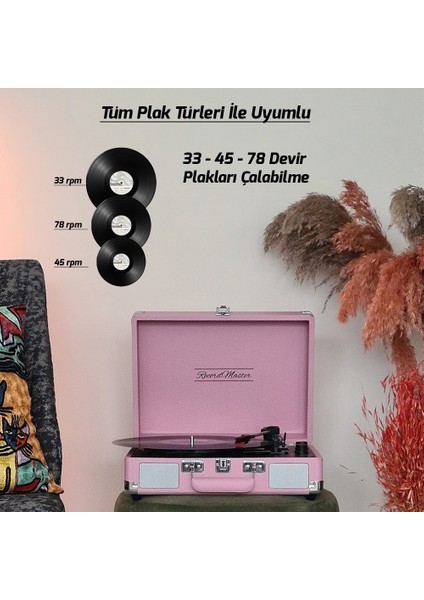 Record Master ST14012 Retro Pikap - Pembe - Bluetooth ve Şarj Özellikli - Tüm Plakları Çalabilme