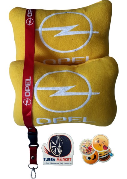 Opel Uyumlu Nakışlı Sarı Polar Ortopedik Seyahat Boyun Yastık / Kırmızı Oto Ayna Askısı