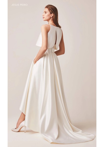 Kadın Asimetrik Cepli Minimalist Düğün Nikah Etek Sade Şık Ekru Saten Etek