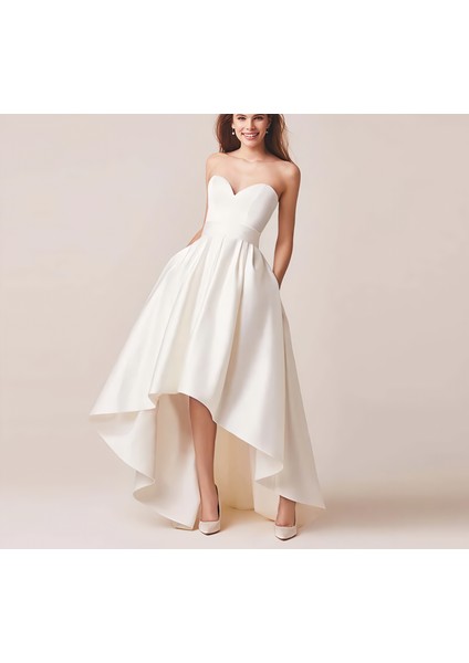 Kadın Asimetrik Cepli Minimalist Düğün Nikah Etek Sade Şık Ekru Saten Etek