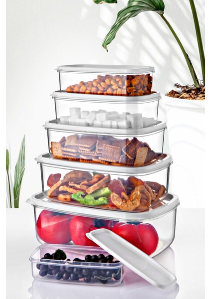 6 Lı Dikdörtgen Beyaz Saklama Kabı Seti 300 Ml-500 Ml 800 Ml 1200 Ml 1900 Ml 2900 Ml