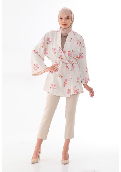 Kimono Keten Çiçek Desenli