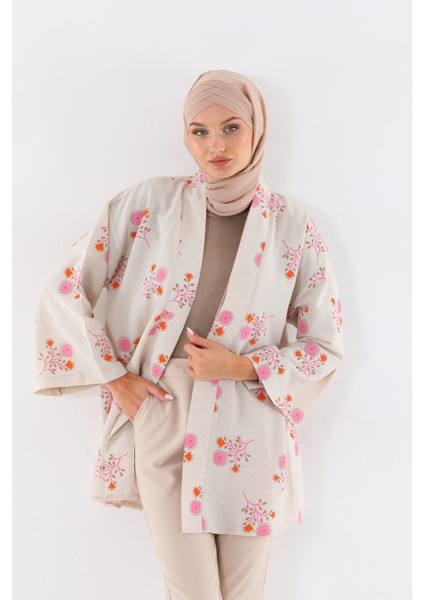 Kimono Keten Çiçek Desenli