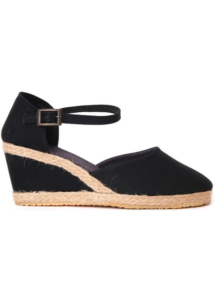Bayan Siyah Hasırlı Keten Espadril Dolgu Topuk