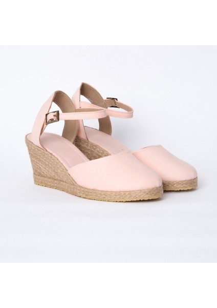 Topuğu Açık Bilekten Bantlı Dolgu Topuk Pembe Keten Hasır Espadril fiyatları