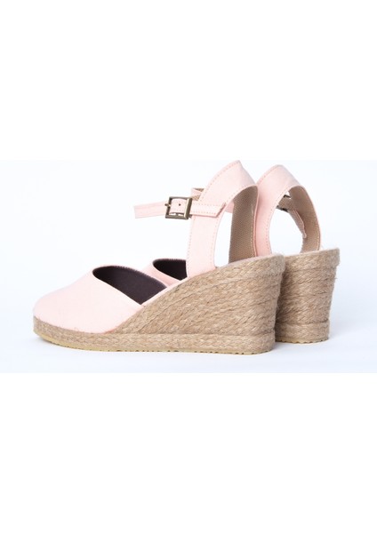 Topuğu Açık Bilekten Bantlı Dolgu Topuk Pembe Keten Hasır Espadril modelleri
