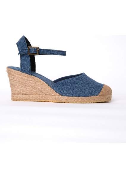 Topuğu Açık Burnu Hasırlı Bilekten Bantlı Mavi Dolgu Topuk Keten Hasır Espadril