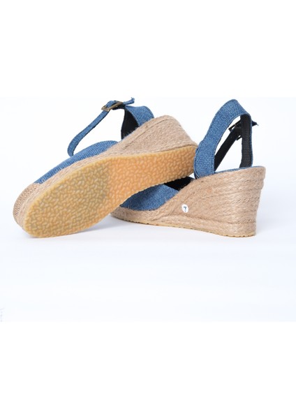 Topuğu Açık Burnu Hasırlı Bilekten Bantlı Mavi Dolgu Topuk Keten Hasır Espadril fırsatları