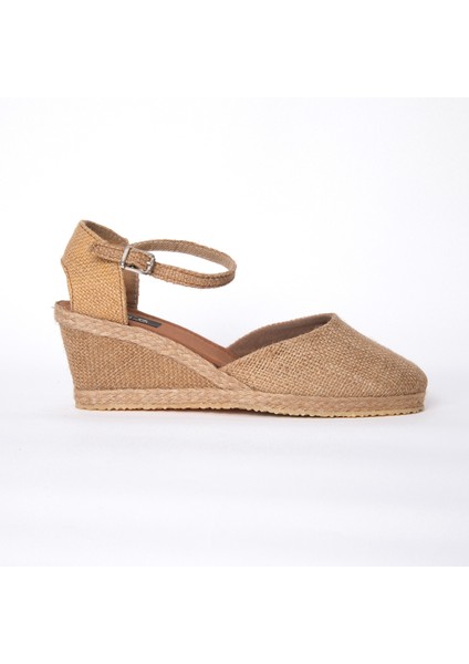 Hasır Rengi Topuğu Açık Keten Espadril Dolgu Topuk