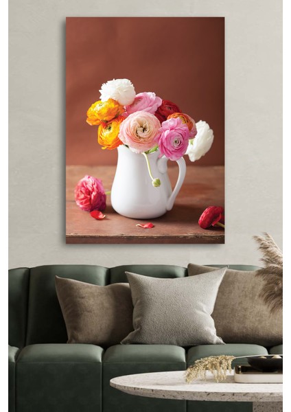 Kanvas Duvar Tablosu Baskılı Vazo Çiçek Pembe Gül Ev Ofis Dekor Hediyelik Tablo Beyaz Kiremit Rengi