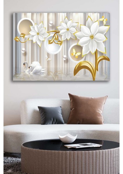 Kanvas Duvar Tablosu Baskılı Altın Efektli Beyaz Çiçekler Kuğu Ev Ofis Dekor Hediyelik Tablo