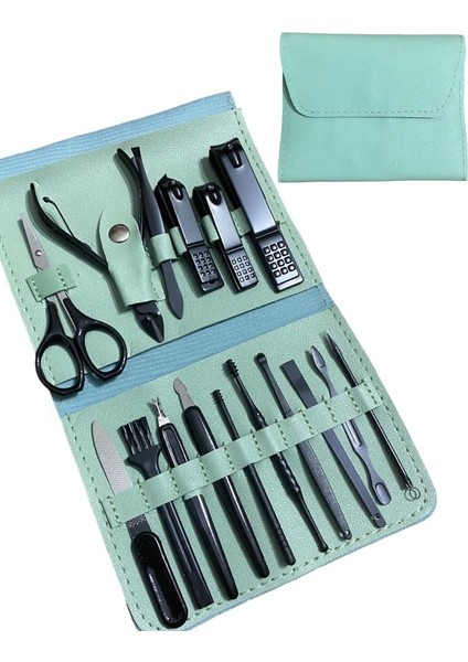 Yeşil Deri Çantalı 16 Parça Manikür Pedikür Seti