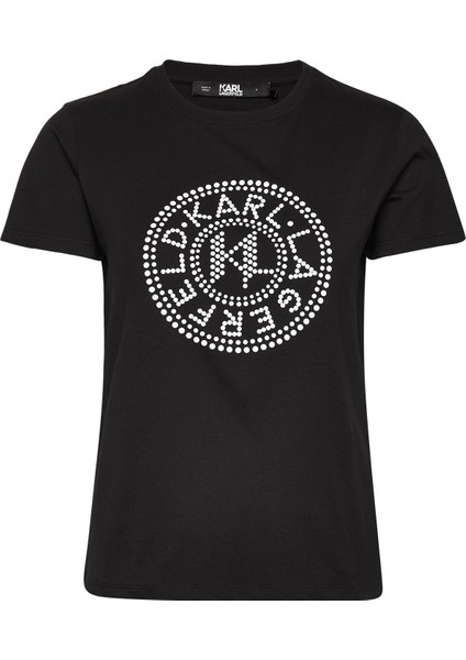 Bisiklet Yaka Baskılı Siyah Kadın T-Shirt 231W1712
