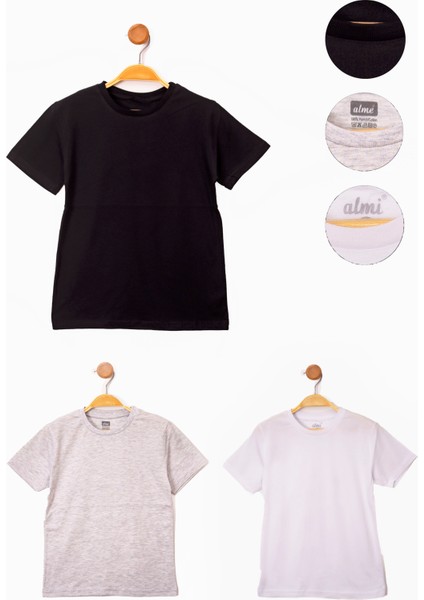 Siyah-Beyaz-Gri Erkek Çocuk Basic 3'lü Kısa Kollu T-Shirt