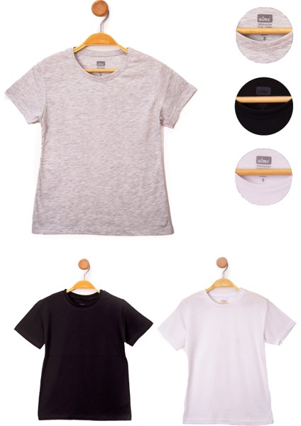 Siyah-Beyaz-Gri Kız Çocuk Basic 3'lü Paket Kısa Kollu T-Shirt