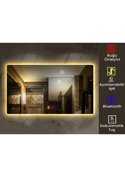 70X120 cm Bluetoothlu Buğu Çözücülü Dokunmatik Işıklı Ledli Banyo Aynası