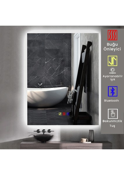 80X100 cm Bluetoothlu Buğu Çözücülü Dokunmatik Işıklı Ledli Banyo Aynası modelleri