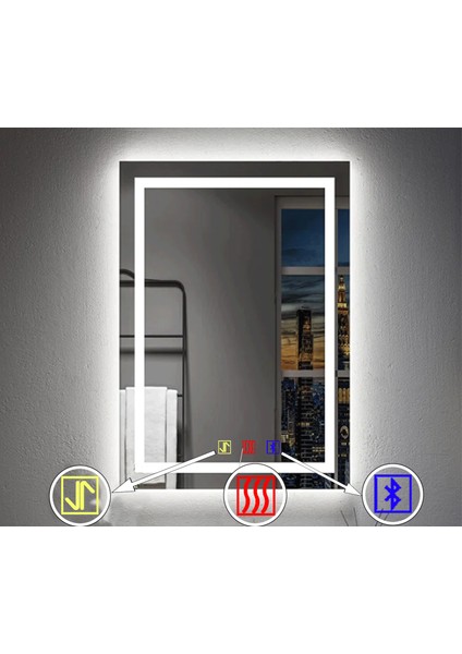 50X70 cm Bluetoothlu Buğu Çözücülü Dokunmatik Işıklı Kumlamalı Banyo Aynası fiyatları