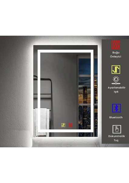 50X70 cm Bluetoothlu Buğu Çözücülü Dokunmatik Işıklı Kumlamalı Banyo Aynası modelleri