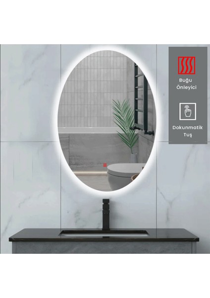 60X80 cm Buğu Çözücülü Ledli Elips Banyo Aynası modelleri