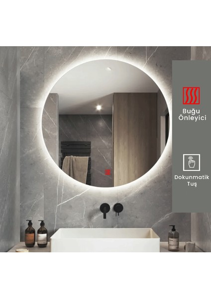 90 cm Çap Buğu Çözücülü Dokunmatik Işıklı Ledli Yuvarlak Banyo Aynası modelleri