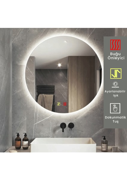 90 cm Çap Buğu Çözücülü Dokunmatik Işıklı Ledli Yuvarlak Banyo Aynası fiyatları