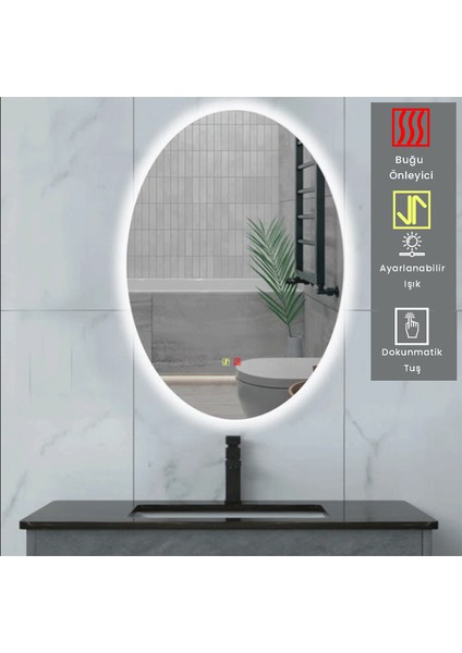 60X80 cm Buğu Çözücülü Dokunmatik Işıklı Ledli Elips Banyo Aynası modelleri