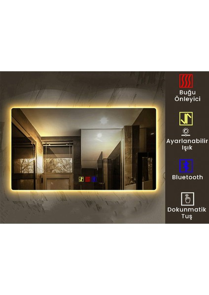 50X70 cm Bluetoothlu Buğu Çözücülü Dokunmatik Işıklı Ledli Banyo Aynası modelleri