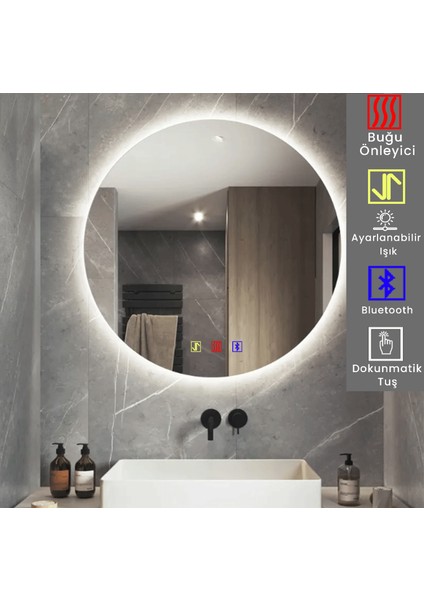 90 cm Çap Bluetoothlu Buğu Çözücülü Dokunmatik Işıklı Ledli Yuvarlak Banyo Aynası modelleri