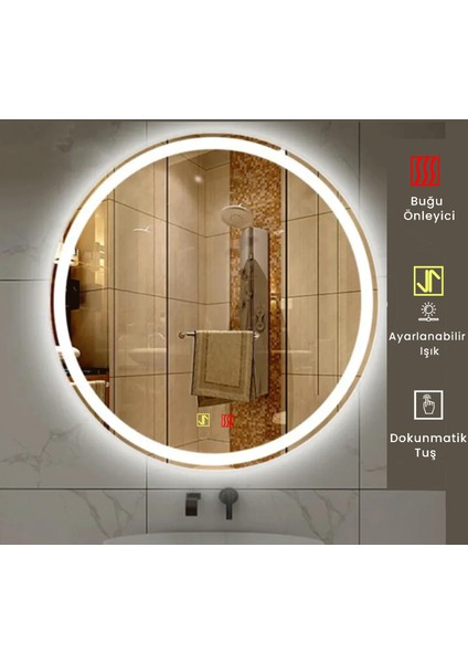 70 cm Çap Buğu Çözücülü Dokunmatik Işıklı Kumlamalı Yuvarlak Banyo Aynası fiyatları