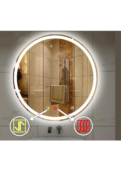 70 cm Çap Buğu Çözücülü Dokunmatik Işıklı Kumlamalı Yuvarlak Banyo Aynası modelleri