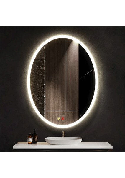 60X80 cm Buğu Çözücülü Dokunmatik Işıklı Kumlamalı Elips Banyo Aynası