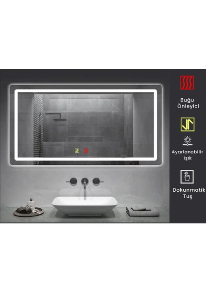 70X100 cm Buğu Çözücülü Dokunmatik Işıklı Kumlamalı Banyo Aynası modelleri