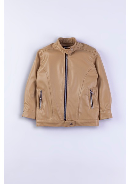Fermuarlı Erkek Çocuk Deri Ceket Su Geçirmez Uzun Kol Midi Boy Bej