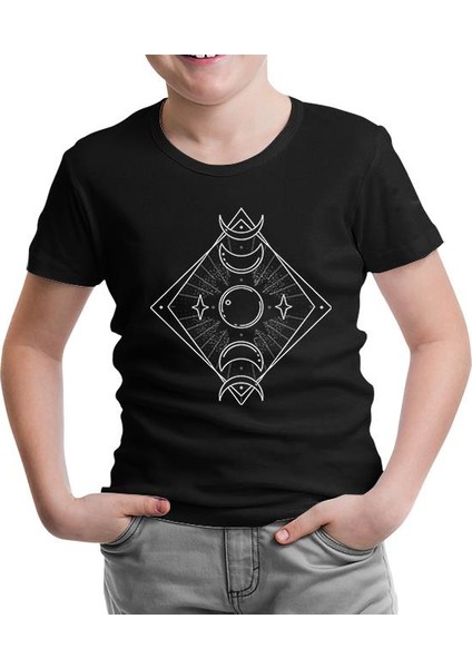Phases Of The Moon On A Geometrical Background Siyah Çocuk Tshirt