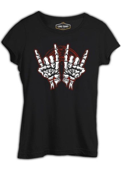 Skeleton Hands Making Rock Sign Siyah Kadın Tshirt