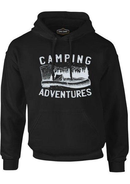 Camping Adventure Axe And Tent Siyah Erkek Fermuarsız Kapşonlu