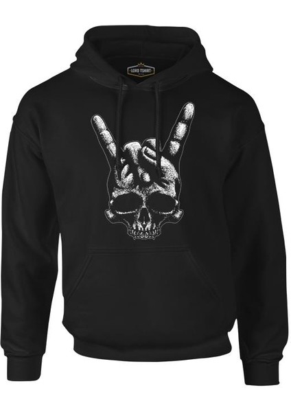 Skull Hand Making Rock Sign Siyah Erkek Fermuarsız Kapşonlu