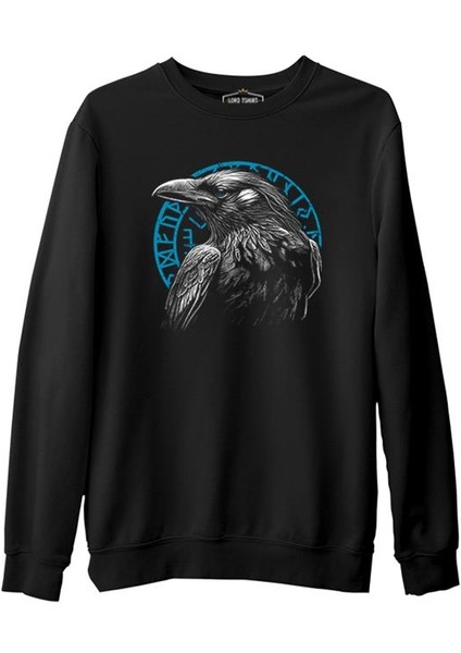 Raven Bird In Front Of A Viking Rune Siyah Erkek Kalın Sweatshirt