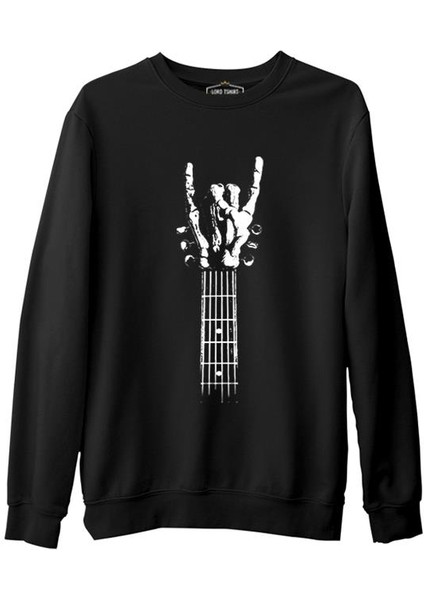 Skeleton Hand Doing Rock Sign On Guitar Siyah Erkek Kalın Sweatshirt