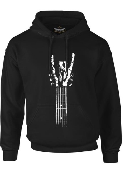 Skeleton Hand Doing Rock Sign On Guitar Siyah Erkek Fermuarsız Kapşonlu