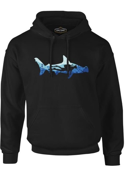 Diver Underwater In A Shark Silhouette Siyah Erkek Fermuarsız Kapşonlu